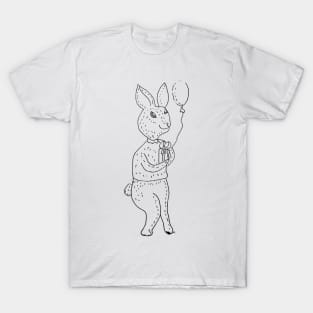 Rabbit with a gift, holiday, congratulations. Hand drawn illustration sketch T-Shirt